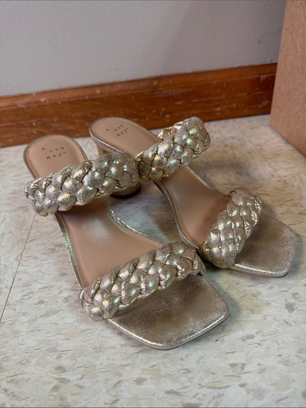 a new day Shimmery Braided-Strap Heeled Sandals in Metallic Gold